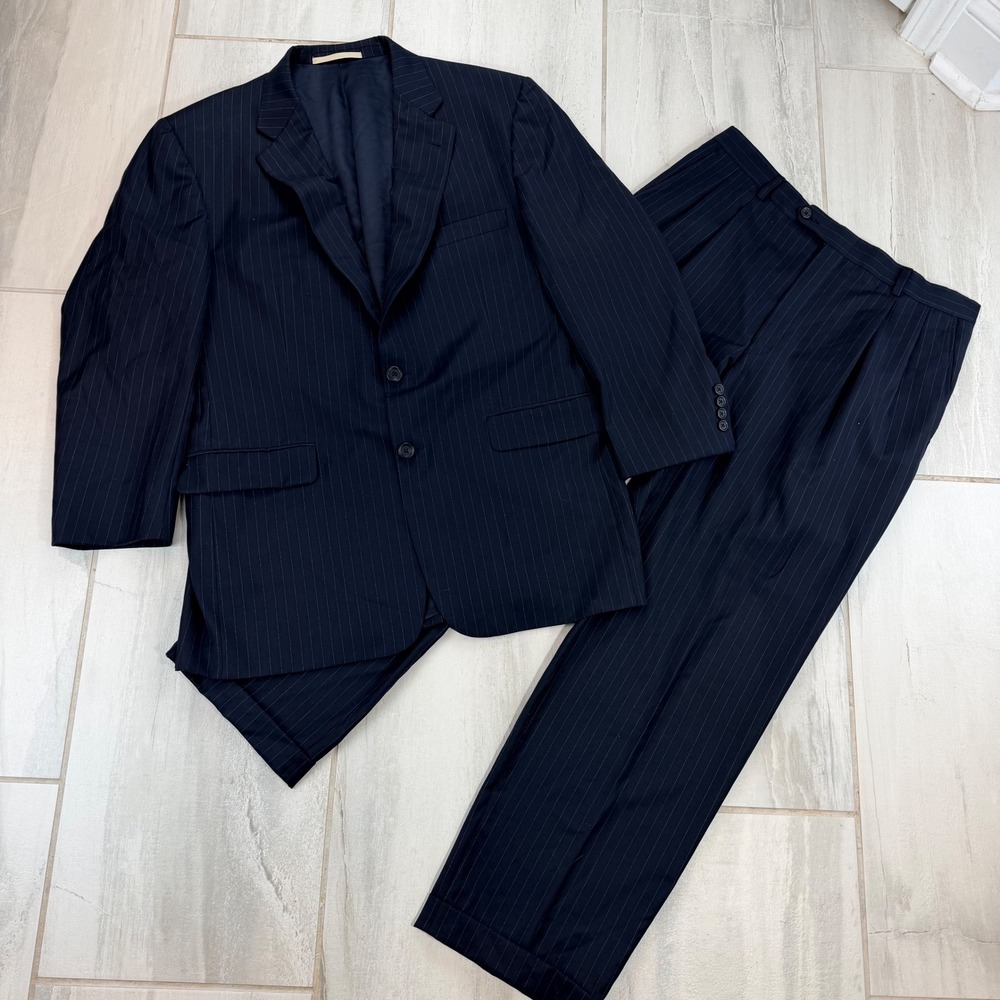 Burberry London Mens 44R Navy Pinstripe 2 Piece Suit Union Made USA 2006